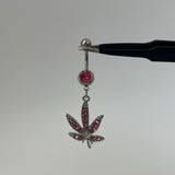 Diamante Weed Leaf Belly Bar - Pink