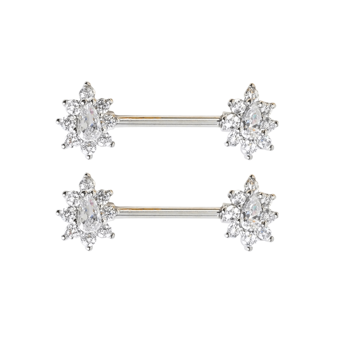 Silver CZ Flower Nipple Bars - ILLUSIVE JEWELS